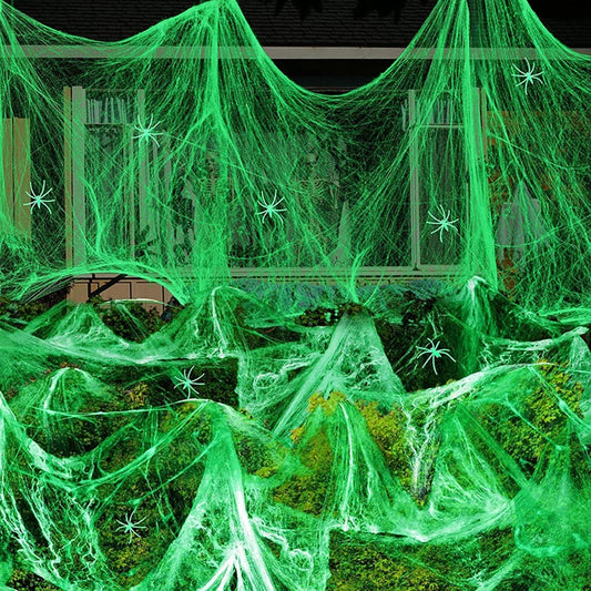 Luminous Spider Web,Stretchy Artificial Cobweb with Fake Spiders for Halloween Decorations