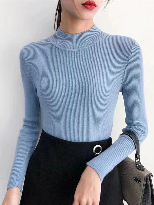 Autumn Winter Mock Neck Women Sweater Vintage Basic Solid