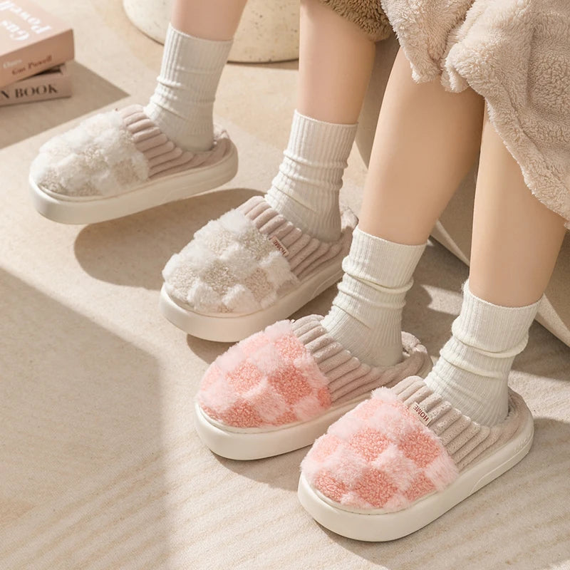 Fashion Couple Winter Toe Wrap Warm Plaid Cotton Slippers  Men Women