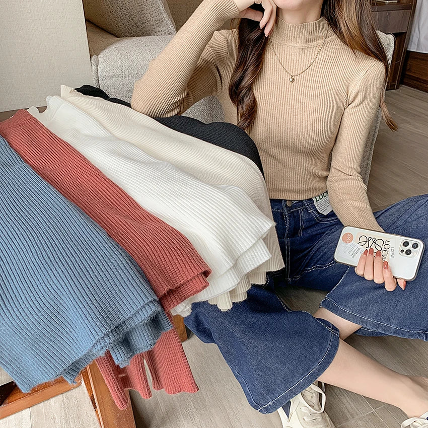 Autumn Winter Mock Neck Women Sweater Vintage Basic Solid