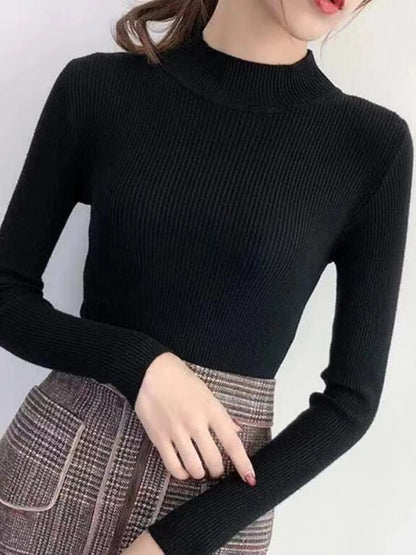 Autumn Winter Mock Neck Women Sweater Vintage Basic Solid