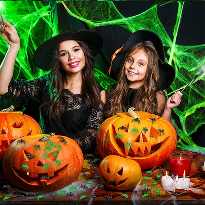 Luminous Spider Web,Stretchy Artificial Cobweb with Fake Spiders for Halloween Decorations