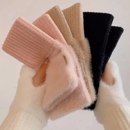 Soft Winter Half Finger Gloves Women Warm