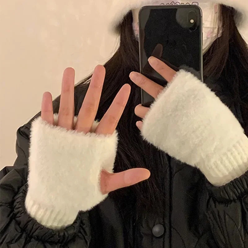 Soft Winter Half Finger Gloves Women Warm