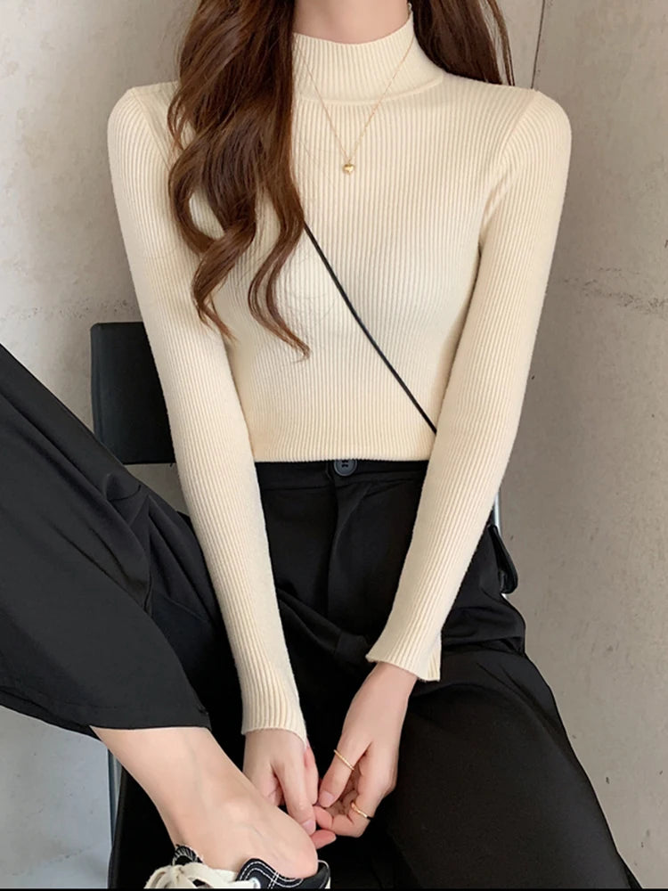 Autumn Winter Mock Neck Women Sweater Vintage Basic Solid