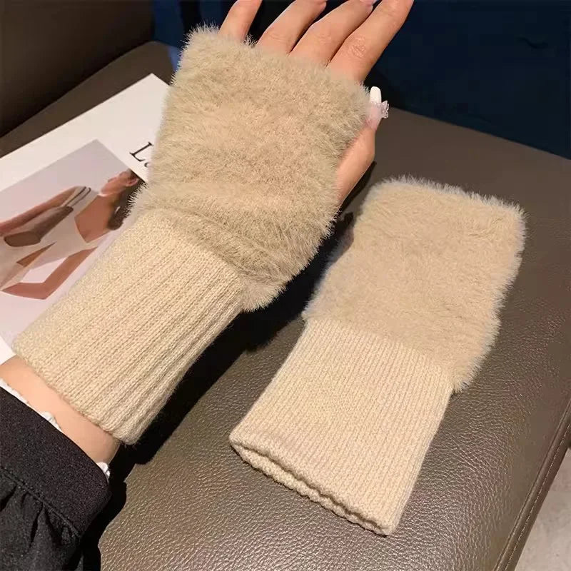 Soft Winter Half Finger Gloves Women Warm