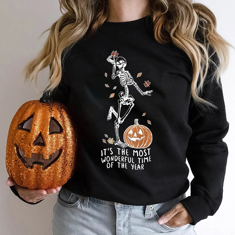 Halloween Skeleton & Pumpkin Print Sweatshirts Casual Long Sleeve