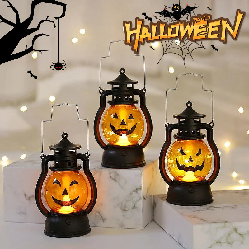 Halloween Pumpkin Lantern Handheld  LED Lamp Vintage Kerosene Table Lights