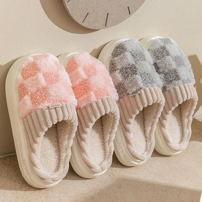 Fashion Couple Winter Toe Wrap Warm Plaid Cotton Slippers  Men Women