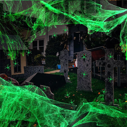 Luminous Spider Web,Stretchy Artificial Cobweb with Fake Spiders for Halloween Decorations