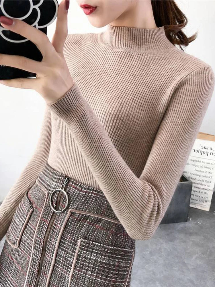 Autumn Winter Mock Neck Women Sweater Vintage Basic Solid